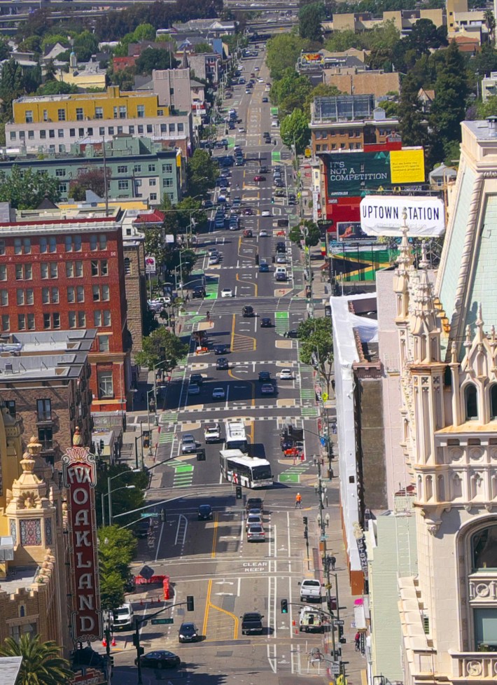 Parking protected bike lanes on Telegraph in Oakland.