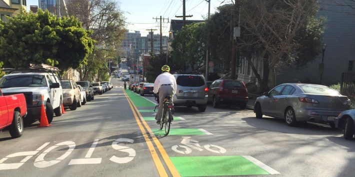 The Bicycle Coalition fought hard to get this center-running treatment to help rationalize the downhill intersection of Page and Octavia: Photo: SFBC