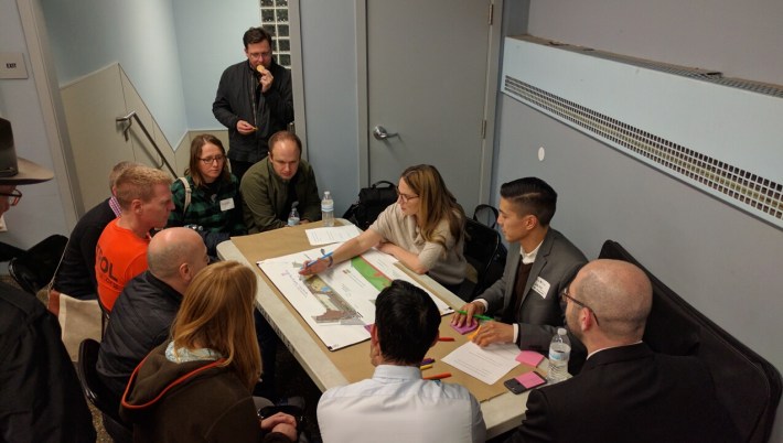 One of three breakout groups that discussed different aspects of the potential designs. Photo: Streetsblog