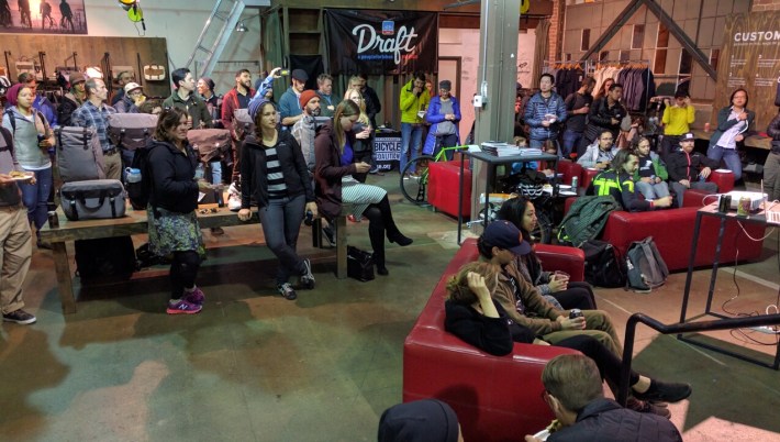 Some 100 people packed into Timbuk2's showroom to listen to the presentations and drink beer. Photo: Streetsblog