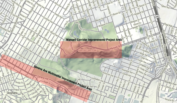 A map of the McLaren Bike Path and the Bicycle Coalition's wish for Geneva Ave. Image: SFBC