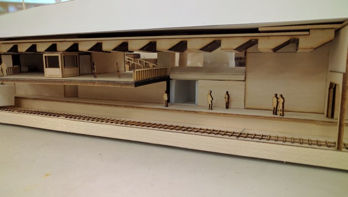 A table model of the current station helped community members reflect on what they'd like to see for the new plaza. Photo: Streetsblog