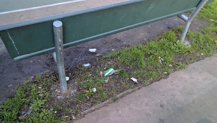 Despite the hard work of the volunteers, Josie De La Cruz Park still had litter. Photo: Streetsblog