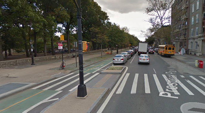 A parking protected bike lane along Oak might look like this one along Prospect Park in Brooklyn. Image: Google maps