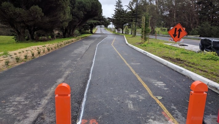 Another view of the not-yet-striped McClaren Park protected bike lane. Photo: Streetsblog