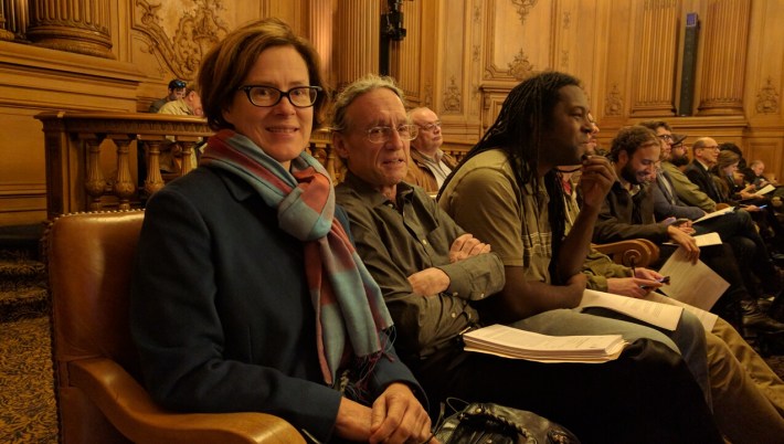 Thea Selby and Peter Straus among the many supports of Geary BRT (and Caltrain electrification). Photo: Streetsblog
