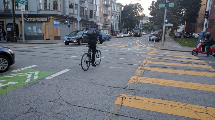 A crisscross of train tracks, narrow streets, and too much space allocated for street parking has created hazardous conditions on 17th. Photo: Streetsblog