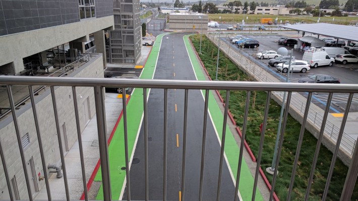 Bike lanes at Warm Spring/South Fremont, as seen from the pedestrian overpass. Photo: Streetsblog/Rudick