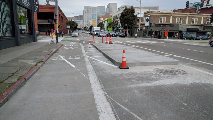 Bus boarding islands were the only hard evidence of progress on 8th, at Folsom and Howard. Photo: Streetsblog/Rudick