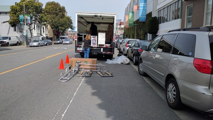 Worlds longest loading zone: aka, the Valencia bike lane. Photo: Streetsblog/Rudick