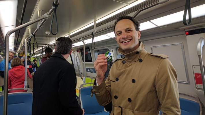 BART Director and ice cream scofflaw Nick Josefowitz exploring the new BART train. Photo: Streetsblog/Rudick