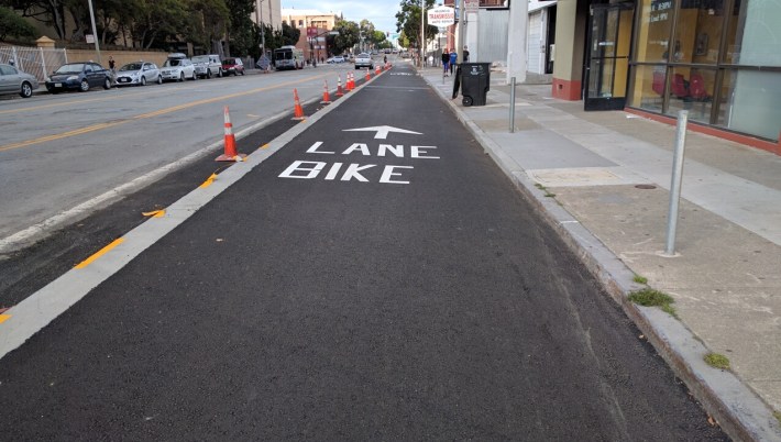 As seen in this construction photo from a few months ago, SFMTA put in new meters to the right of the bike lane. Photo: Streetsblog/Rudick
