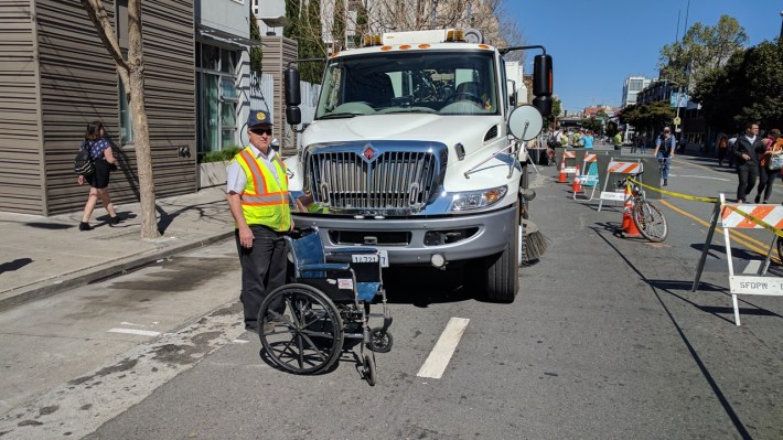 Jim wanted Streetsblog readers to be mindful of the blind spots surrounding a street sweeper. Photo: Streetsblog/Rudick