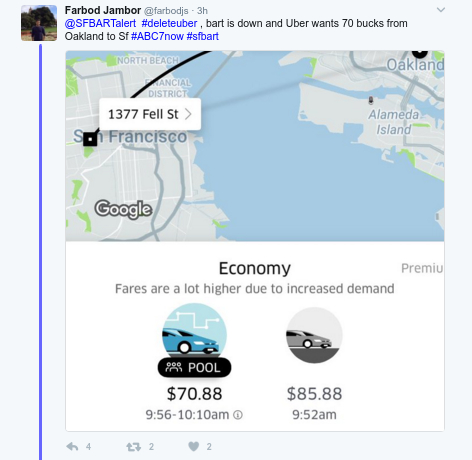 Sorry, but Uber and Lyft are not going to save the Bay Area if the Transbay tube ever has a major failure. From the BART Twitter feed.