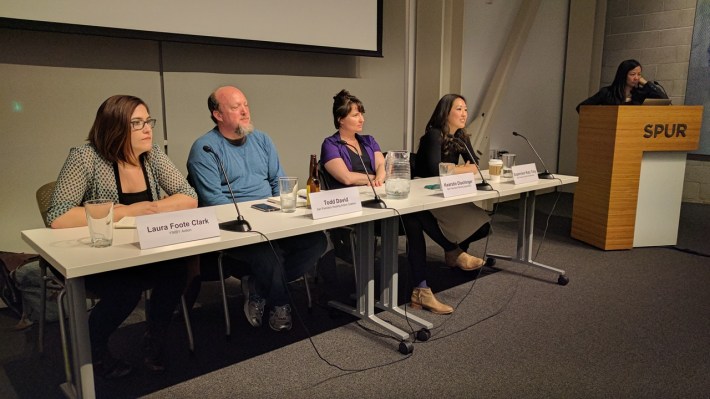 Laura Foote Clark, Todd David, Kearstin Dischinger and Supervisor Katy Tang on last night's SPUR panel. Photo: Streetsblog