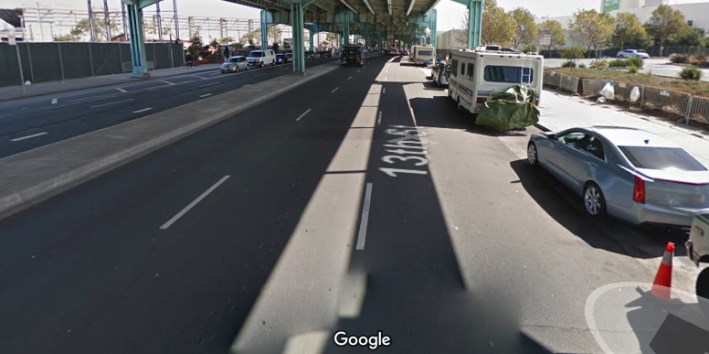 The third protected bike lane under the order will be a 1/3 mile lane in the noman's land under 101. Image: Google Streets