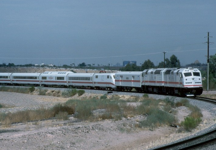 A Siemens High-speed train touring behind a conventional diesel in California. This kind of operation could be used to greatly improve California rail services in interim phases. Photo: Wikimedia Commons