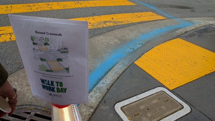 This blue chalk marks the future location of a raised crosswalk. Photo: Streetsblog/Rudick