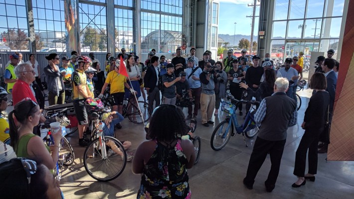 Advocates and others in the Sawtooth building before the start of the ride. Photo: Streetsblog/Rudick