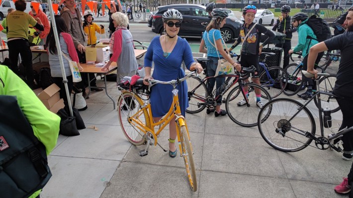 Diana Pray doesn't let biking stop her from dressing up.
