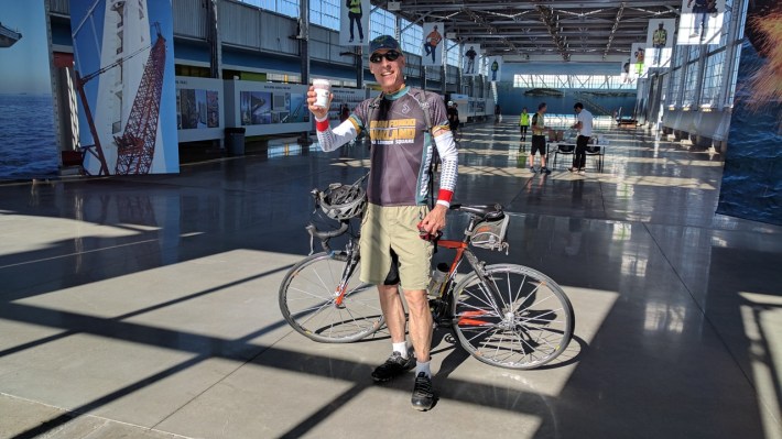 Bike East Bay advocate Ian McDonald caffeinates for the ride. Photo: Streetsblog/Rudick