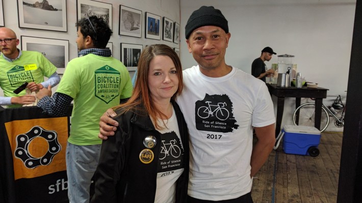 Julie Mitchell and Paul Valdez, one of the organizers, in the Sports Basement before the ride. All photos by Streetsblog/Rudick unless noted.