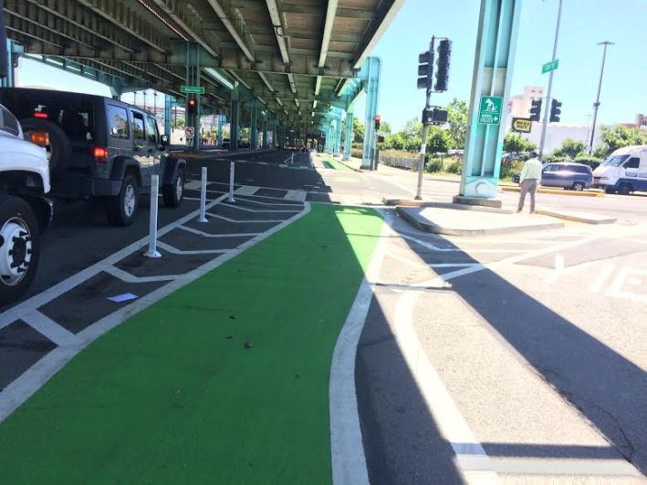 Looking east on 13th, near Best Buy. This portion is bollard and paint only. Photo: SFBC