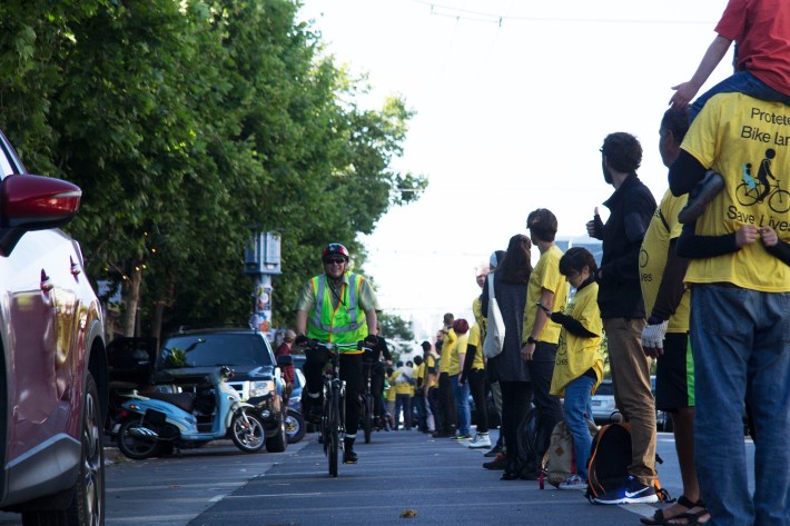 Looking north during one of last year's people-protected bike lane protests on Valencia, between 16th and 17th. Photo by Brandon Splane