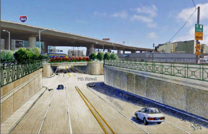 An RAB study rendering of what it would look like to eliminate grade crossings on the existing alignment. Image: SF Planning