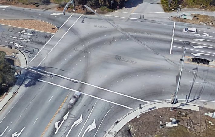 The massive intersection at Haven Avenue and Marsh Road will remain the same, including wide curb radii and a missing crosswalk. Photo: Google Maps