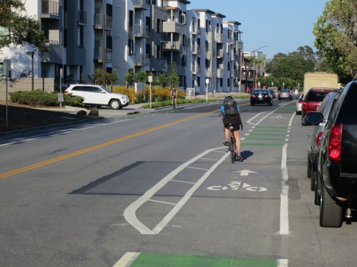 Menlo Park installed wide buffered bike lanes on a section of Haven Avenue the passes in front of two housing developments. Photo: Andrew Boone