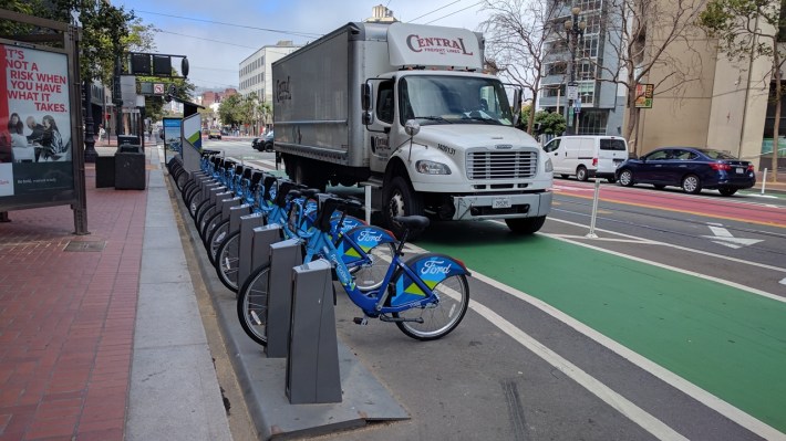 Thanks for the relaunch of your bike share system Motivate. Not to sure about that giant truck in the bike lane though. Photo: Streetsblog/Rudick