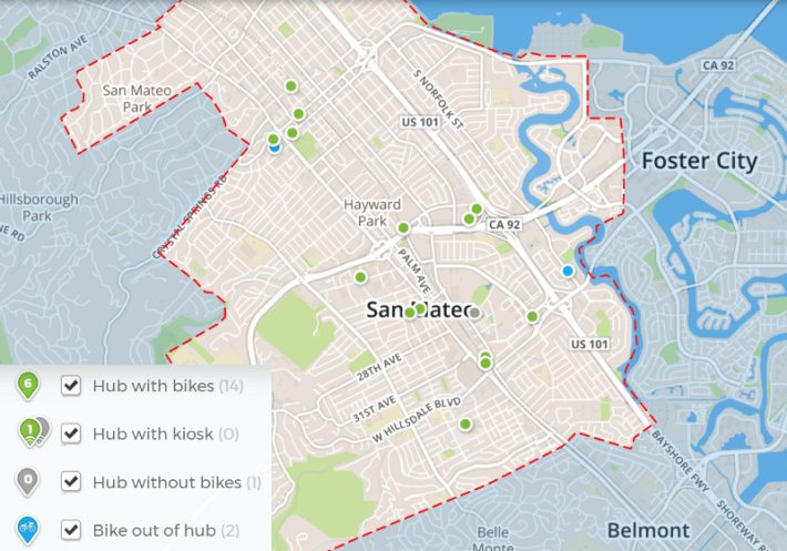 San Mateo's 50 bike share bikes are currently spread between 15 stations throughout the city. Image: Bay Bikes