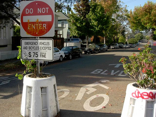 A bicycle boulevard in Berkeley, blocked by concrete. Photo: Streetsblog NY/Naparstek