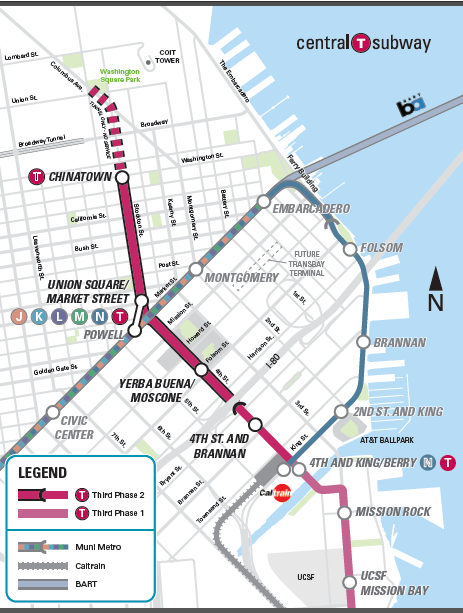 The Central Subway will render the Embarcadero LRT route somewhat redundant. Map: SFMTA