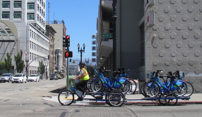 After the ride, the bikes were deployed on a double trailer. Staff can carry up to twelve bikes on three trailers, with an electric assist bike.