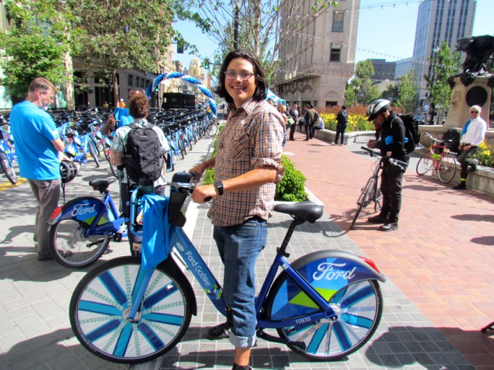 Francisco Grajales, Outreach Coordinator for Bike East Bay, got to ride a Ford GoBike that had been decorate by the Scraper Bike team.