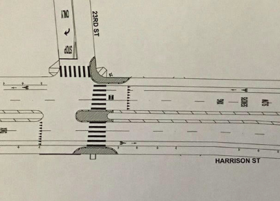 A schematic of the design for Harrison. Note the trapezoidal crosswalk at 23rd. Image: Oakland DOT