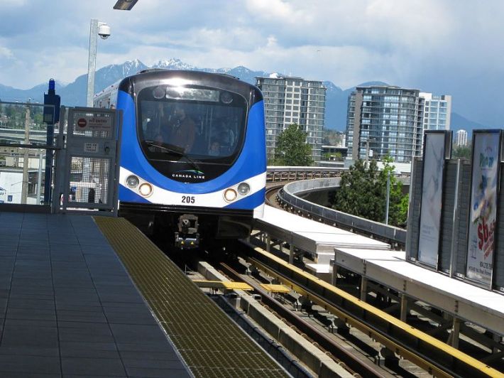 A stop on Vancouver's Skytrain transit system with housing towers clustered around the stations. Photo: Wikimedia Commons