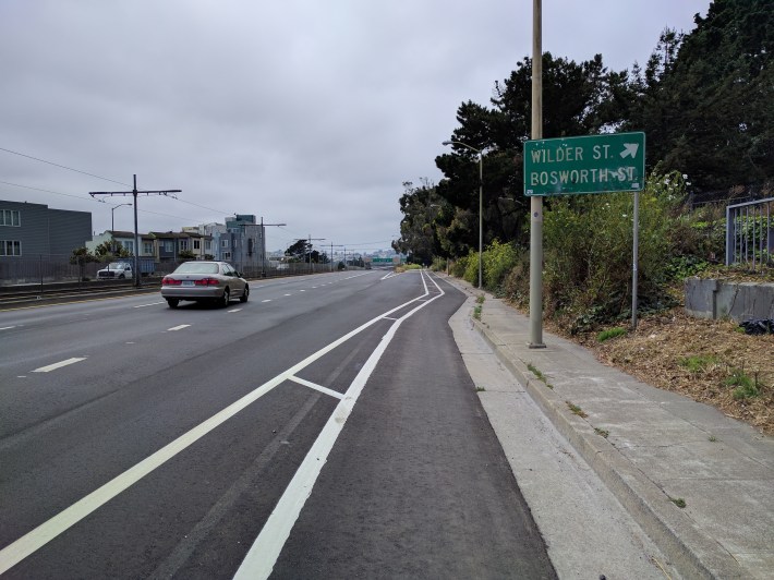 At the southern end of the protected section, the off ramp for Glen Park remains pretty hairy for cyclists.