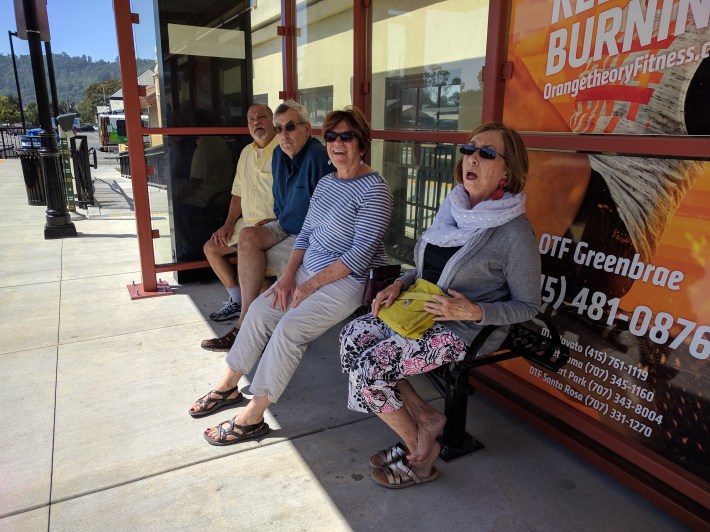 Some angry people waiting at San Rafael for the 11:29. Despite SMART announcements that full service would start today, the first northbound train didn't arrive until 2:29. Photo: Streetsblog/Rudick