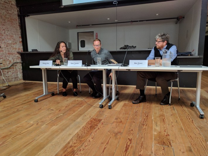 Panel moderator Alyssa Kies, Egon Terplan, and Benjamin Grant at today's SPUR presentation about lessons from Seattle. Photo: Streetsblog/Rudick