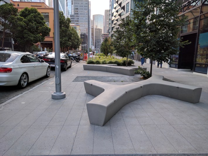 Wider sidewalks, benches and rain gardens on Beale Street, just outside the presentation room. The SODA hopes to bring more pedestrian friendly, place making to the area. Photo: Streetsblog/Rudick