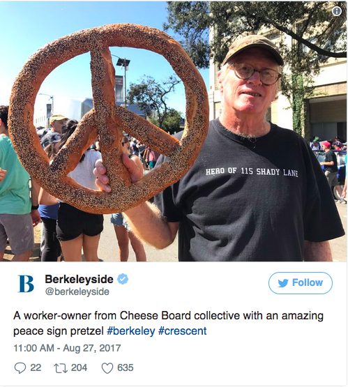 Berkeleyside published this tweet from a very Berkeley landmark, the Cheeseboard. Protests can be delicious.