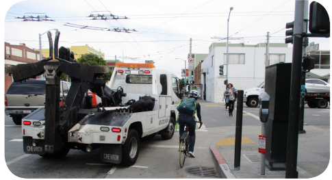 SFMTA's own materials featured this photo of a near-collision on 11th at an intersection mixing zone. Photo: SFMTA