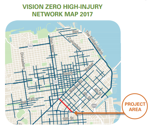 A map of high-injury streets with 11th highlighted. Image: SFMTA