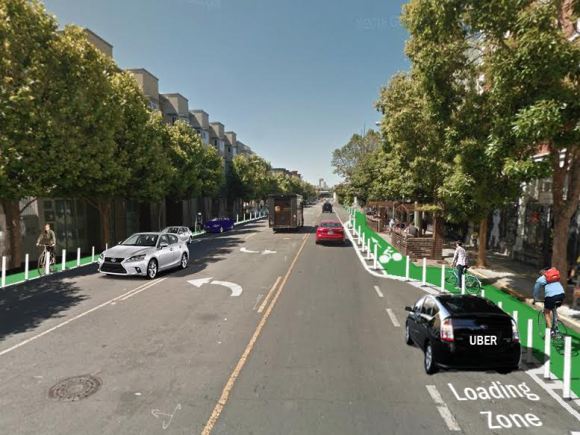 SFMTrA put this rendering together a while ago about a simple way to create a protected bike lane