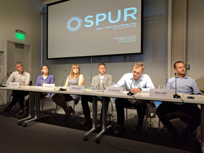 SPUR's Arielle Fleisher moderated a panel on bike lane design with Ryan Russo, Mike Sallaberry, and Bill Schultheiss. Photo: Streetsblog/Rudick