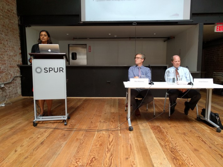 Today's SPUR panel was hosted by Ratna Amin. But bother her and Matt Maloney were delayed, with a certain irony not lost on the audience, by BART.. Photo: Streetsblog/Rudick
