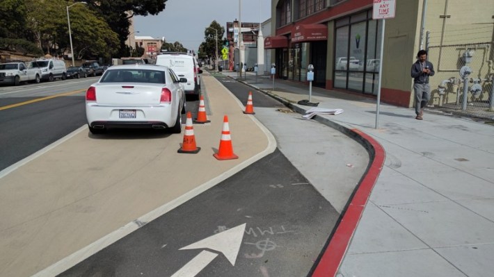 The short section of Valencia with a parking protected bike lane. Photo: Streetsblog/Rudick